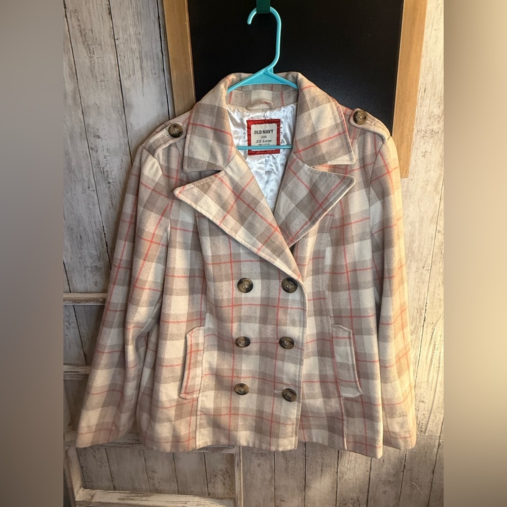 Old Navy Women’s Beige Plaid Print Wool Blend Lined Peacoat Jacket Coat Sz XXL - Picture 3 of 7